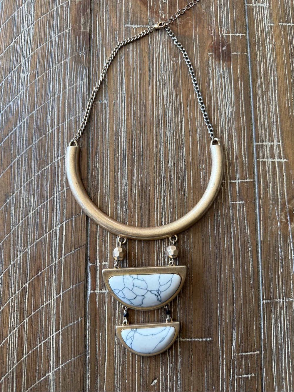 Gold-tone White Marble Pendant Statement Necklace - Women Jewelry